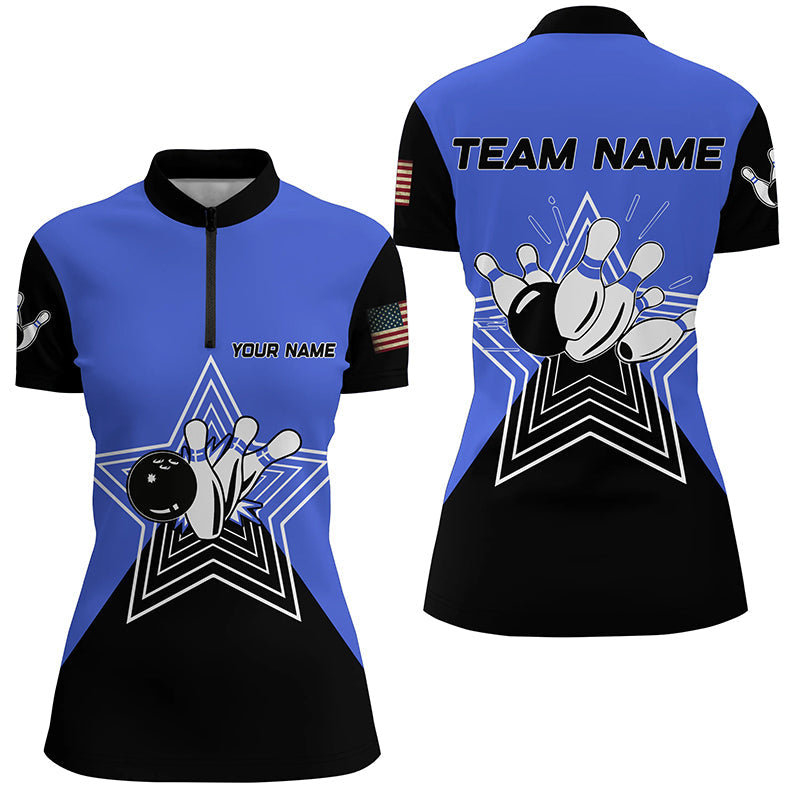 Blue and Black retro bowling ball pins star custom Women's bowling Polo, Quarter Zip shirt team jersey NQS7830