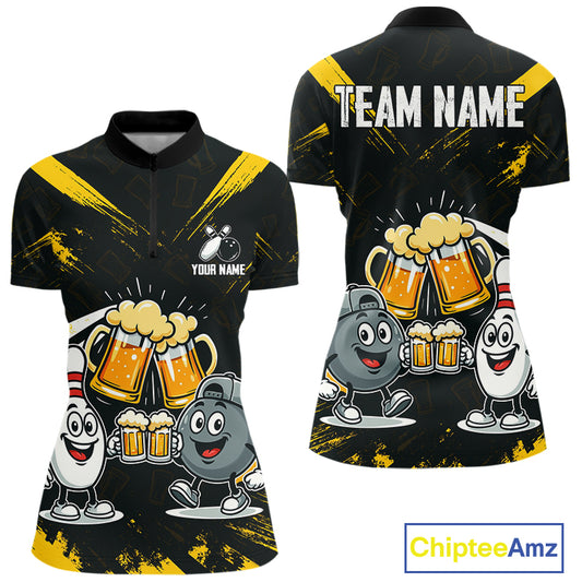 Custom Black And Yellow Funny Beer Bowling Women Polo, Quarter Zip Shirts, funny bowling shirts NQS11098