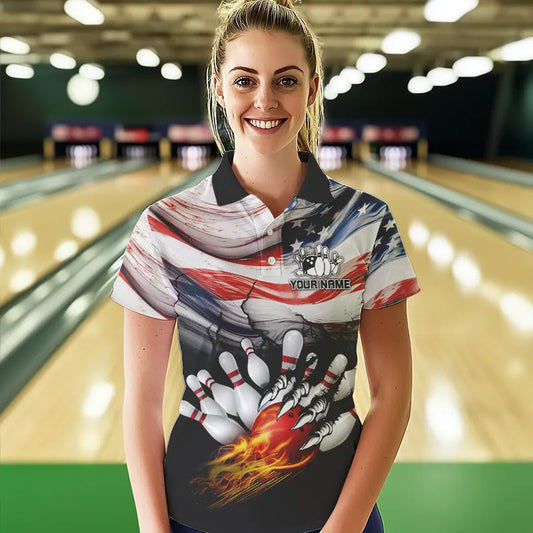 American flag Flame Bowling Polo, Quarter Zip shirts For Women custom patriotic bowling team jersey NQS9416