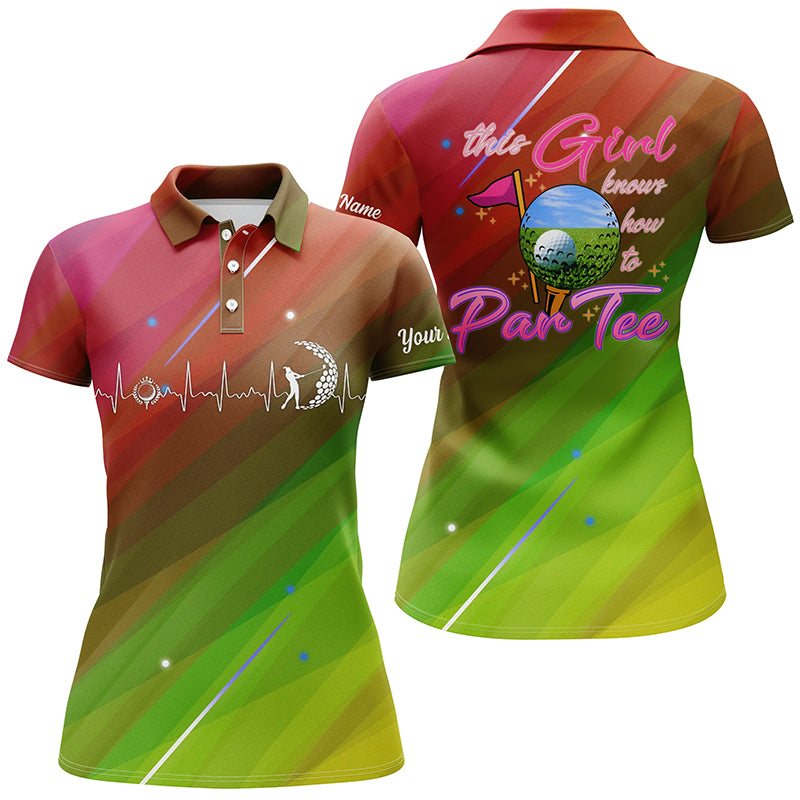 Colorful gradient Womens golf polo shirt custom this girl knows how to par tee, golf gifts for girl NQS5527