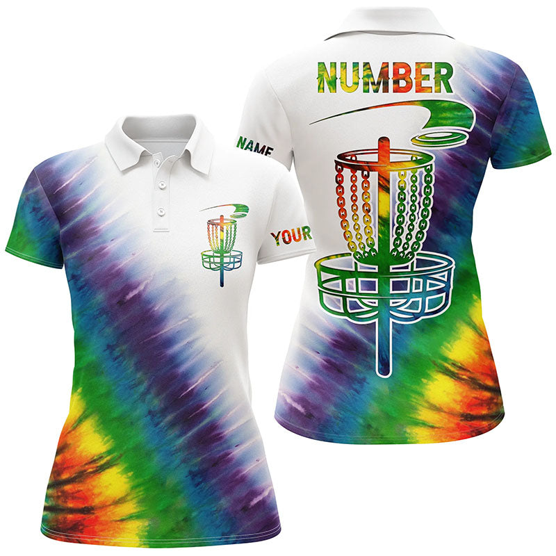 Womens disc golf polo shirts with colorful rainbow tie die disc golf basket custom disc golf apparel NQS6202