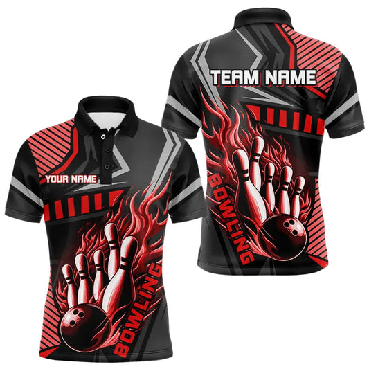 Black and Red Bowling ball pins Polo, Quarter Zip shirt for men Custom Bowling Team League Jerseys NQS9256