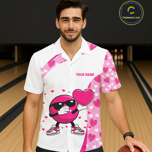 Custom funny bowling ball pink heart pattern white Bowling Hawaiian shirt, Valentine bowling gifts NQS11325