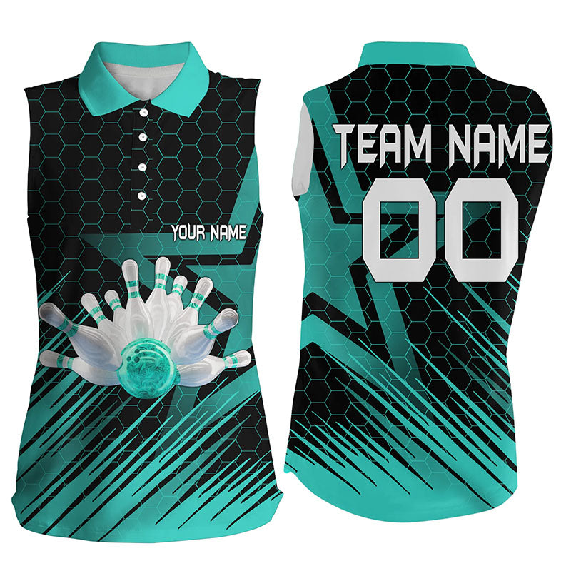 Turquoise Bowling Shirt For women Custom sleeveless polo Bowling Jersey 3D Bowling Team Shirt For women NQS6224