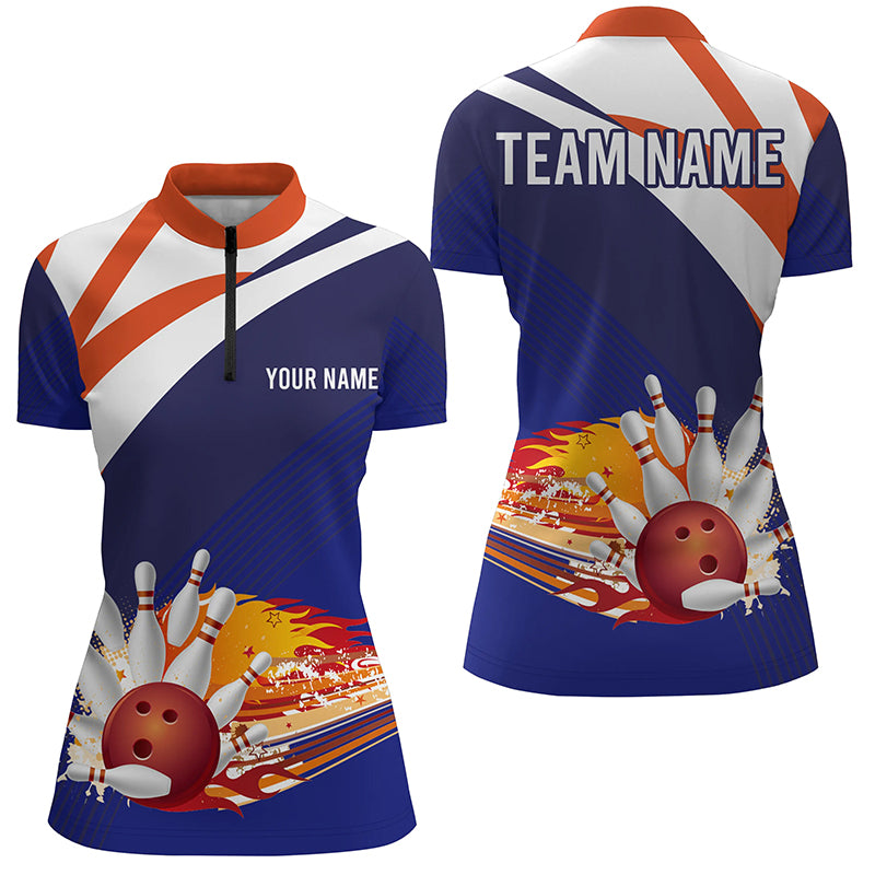 Custom Blue orange bowling shirt for women – personalized team jersey front view