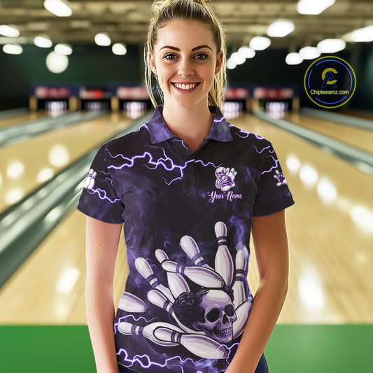 Purple Lightning Thunder Women Skull Bowling Team Shirts For Women Custom Bowling Uniform Outfit NQS10971