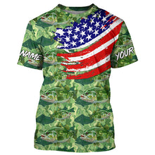 Load image into Gallery viewer, Green Largemouth Bass camo fishing American flag Custom performance long sleeve Bass fishing shirts NQS7387