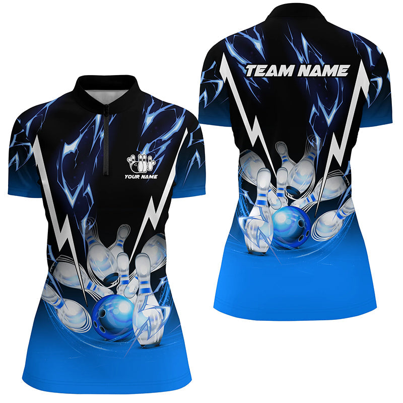 Black and Blue Lightning thunder Custom Bowling Polo, Quarter zip shirts Team Bowling league jerseys NQS8171