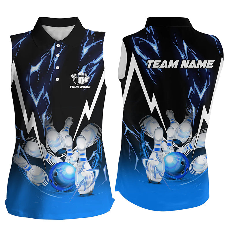 Black and Blue Lightning thunder Custom Women Bowling Sleeveless Polo shirts, Team Bowling jerseys NQS8171