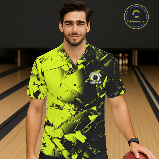 Custom Broken Glass Black and Green Neon Bowling Hawaiian Shirt, Bowling Team League Jerseys NQS11174