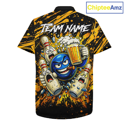 Black and Yellow Funny Bowling and Beer Custom Bowling Hawaiian Shirts, Bowling Team League jerseys NQS11587