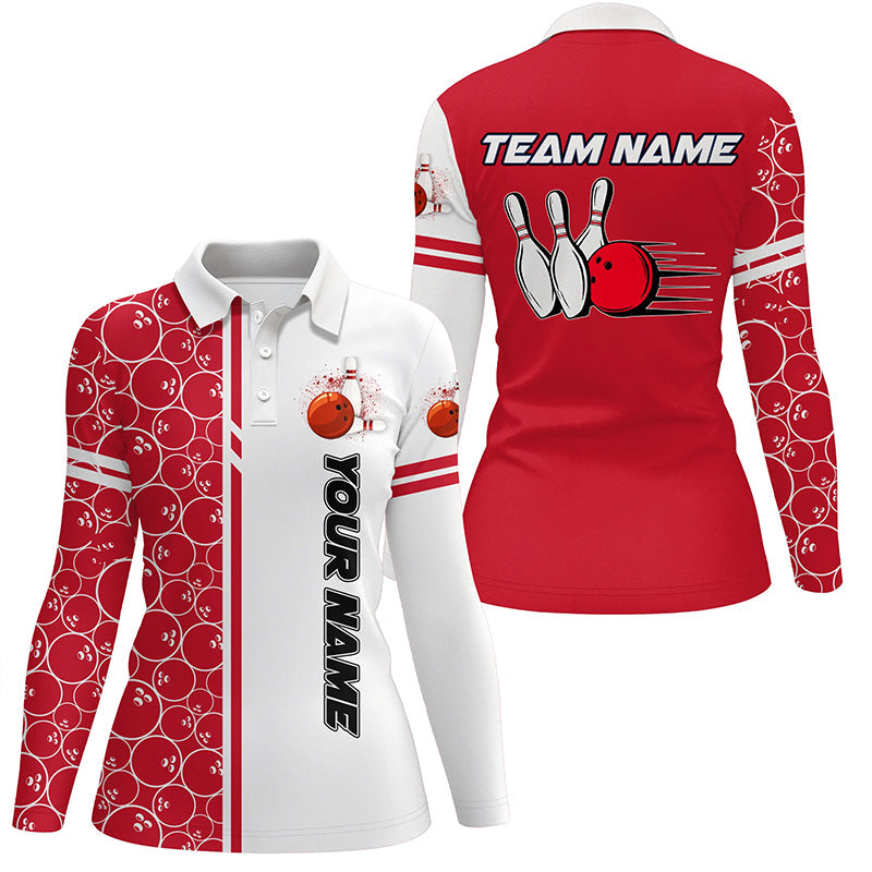 Women Bowling Polo, 1/4 Zip Shirt Custom white & red camo vintage bowling shirt, ladies bowling jersey NQS8177