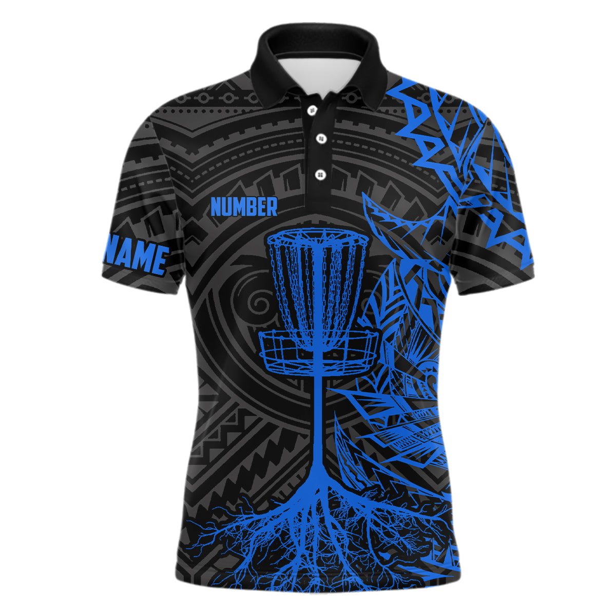 Blue tribal Mens disc golf polo shirt custom black disc golf basket jerseys team mens disc golf shirt NQS7584