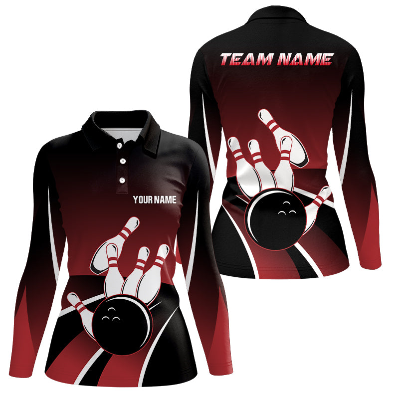 Red and black Women bowling polo shirts Custom Bowling ball pins Team Jersey, gift for team Bowlers NQS6148
