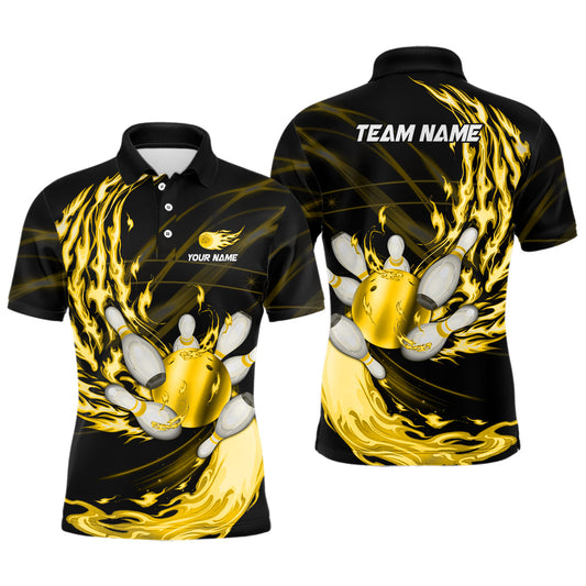 Black Mens bowling shirts Custom Yellow flame Bowling ball and pins Team league bowler Jerseys NQS8485