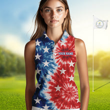 Load image into Gallery viewer, American Flag Tie dye pattern Womens sleeveless golf polo shirt custom patriotic golf attire for ladies NQS9990