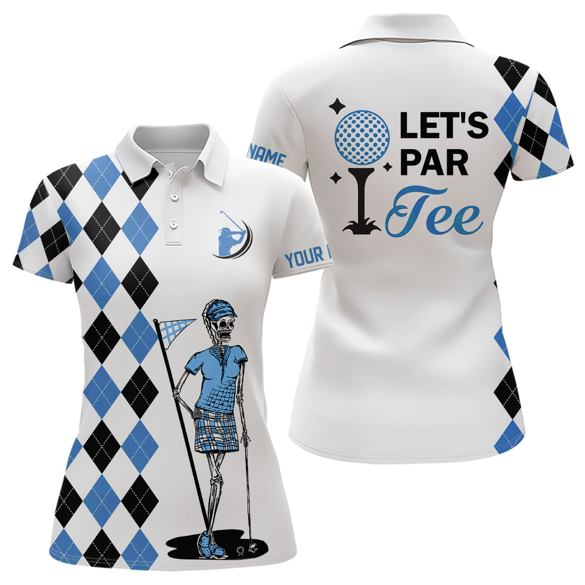 Black and blue argyle pattern Women golf polo shirts custom Let's par tee skull golf gifts for ladies NQS8081