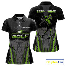 Load image into Gallery viewer, Black Camo Womens golf polo shirts custom golf attire for ladies, golfing gifts | Green NQS9995