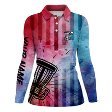 Load image into Gallery viewer, Womens disc golf polo shirts with red & blue tie dye disc golf basket custom women disc golf apparel NQS6203