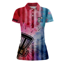Load image into Gallery viewer, Womens disc golf polo shirts with red & blue tie dye disc golf basket custom women disc golf apparel NQS6203