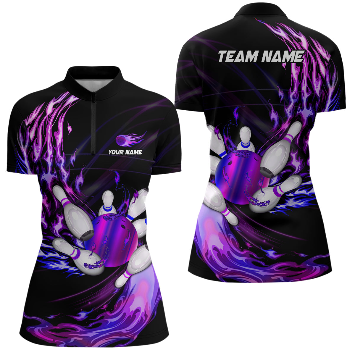 Womens bowling Quarter Zip shirts Custom purple flame Bowling ball and pins Team league bowler Jersey NQS7369