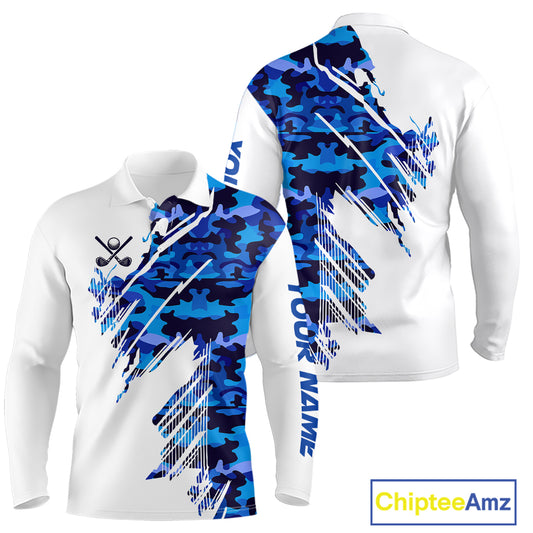 Personalized Mens golf polo shirts custom white and blue camo mens golf apparel, golfing gifts NQS10073