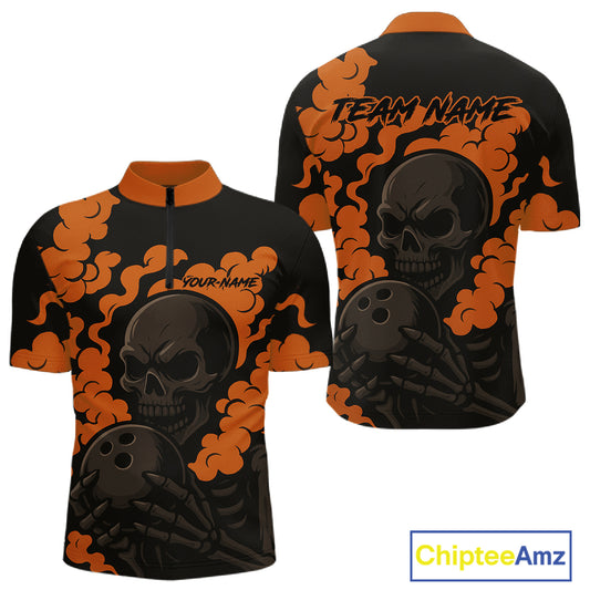 Custom Black and Orange Skull Team Bowling Polo, 1/4 Zip Shirts For Men, Halloween Bowling Outfits NQS10621