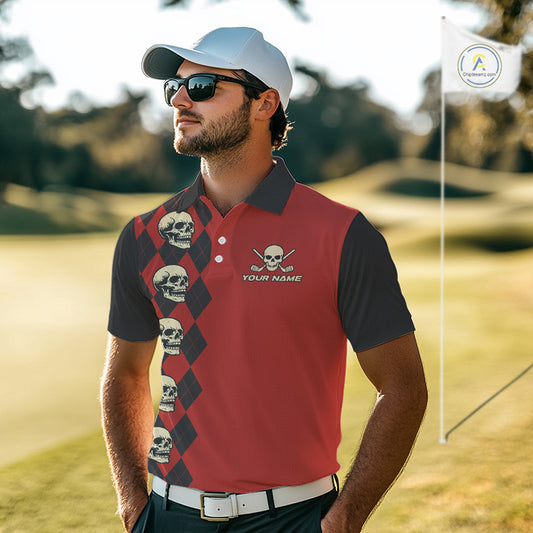Red and Black argyle pattern Skull Golf Polo Shirts for men Custom mens golf outfit, funny golf gifts NQS10250