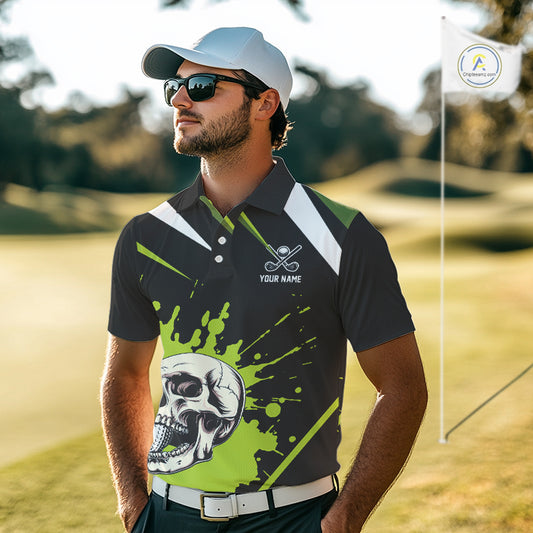 Black and Green Skull Golf polo shirts For Men Custom team golf outfits men, cool golf gifts NQS10025