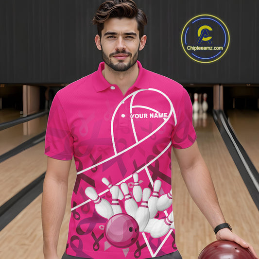 Pink ribbon pattern breast cancer awareness Bowling Shirts For Men Custom team bowling jerseys NQS10190