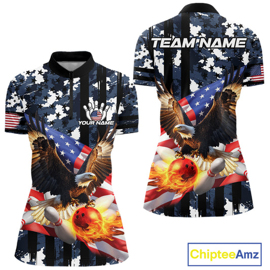 Blue Camo American Flag Eagle Flame Bowling Shirts For Women Custom Patriotic Bowling Team Shirts NQS10551