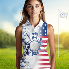 Load image into Gallery viewer, Red, White & Blue American Flag Women Sleeveless Golf polo shirts, patriotic Ladies Golf Outfit NQS10035