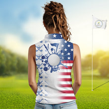 Load image into Gallery viewer, Red, White & Blue American Flag Women Sleeveless Golf polo shirts, patriotic Ladies Golf Outfit NQS10035