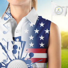 Load image into Gallery viewer, Red, White & Blue American Flag Women Sleeveless Golf polo shirts, patriotic Ladies Golf Outfit NQS10035