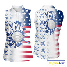 Load image into Gallery viewer, Red, White & Blue American Flag Women Sleeveless Golf polo shirts, patriotic Ladies Golf Outfit NQS10035