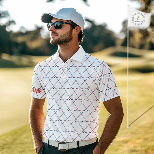 Red, White and Blue golf clubs pattern Men golf polo shirt Custom Patriotic golf outfits for men NQS10198