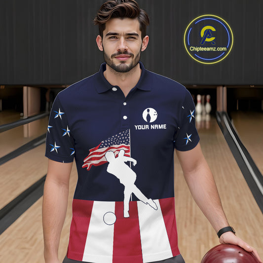 Red, White and Blue American Flag Bowling Team Shirts For Men Custom Patriotic Bowling Jerseys NQS10220
