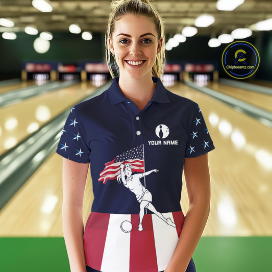 Red, White and Blue American Flag Bowling Team Shirts For Women Custom Patriotic Bowling Jerseys NQS10220