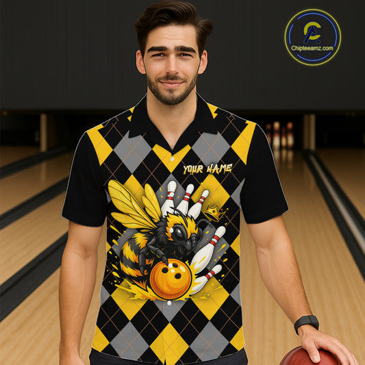 Black and Yellow argyle pattern Honey Bee Bowling Hawaiian shirts Custom Team bowling jerseys NQS11250