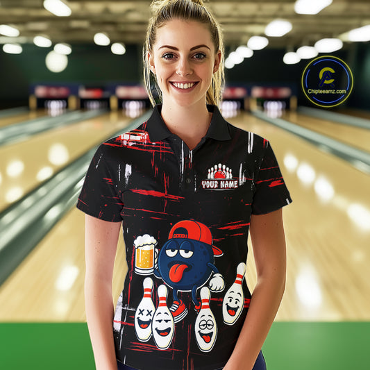 Custom Black And Red Funny Beer Bowling Women Polo, Quarter Zip Shirts, funny bowling shirts NQS11490