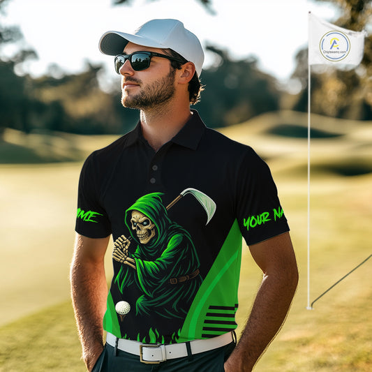 Black and Green Flame Skull Reaper Mens Golf Polo Shirt Custom team golf outfits for mens golfer gift NQS10713