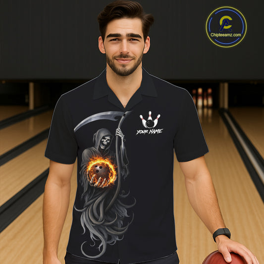 Flame Skull Reaper Bowling Hawaiian Shirt Custom Bowling Team Button-up Shirt | Black NQS11745