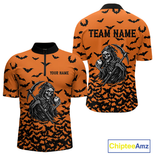 Black and Orange Bats Halloween Skull Reaper Bowling Shirts For Men Custom Bowling Team Jerseys NQS10755
