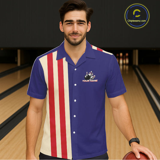 Red, White and Blue Retro Bowling Hawaiian Shirt custom patriotic bowling outfits team jerseys NQS11167