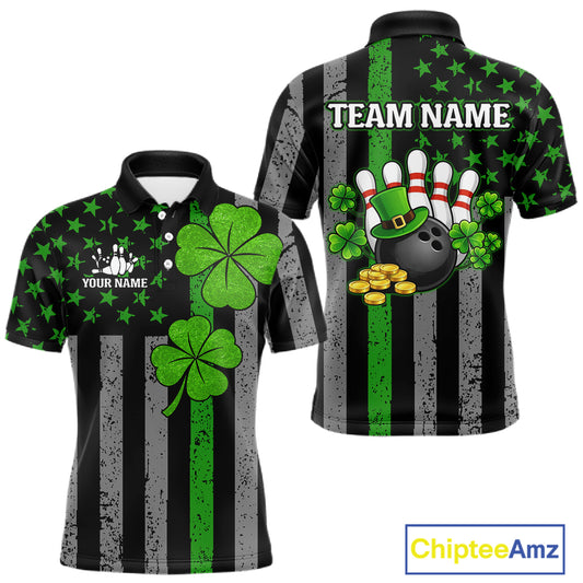 Custom Black Grunge US Flag Patriotic Bowling Shirt For Men Green Shamrock St Patrick Team Jersey NQS11447