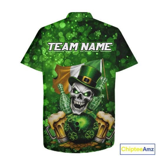 Custom Funny Skull Bowling and Beer Ireland Flag Green St Patrick Team Bowling Hawaiian shirts NQS11484