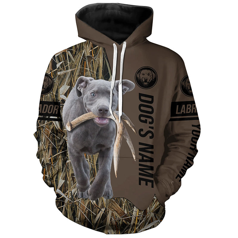 Silver Labrador Retriever Hunting dog customized Name Shirt, camo and brown color FSD4678