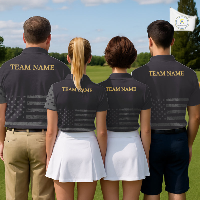 Black & Gold American Flag Mens Golf Polo Shirts, Golf Gifts For Team NHT887