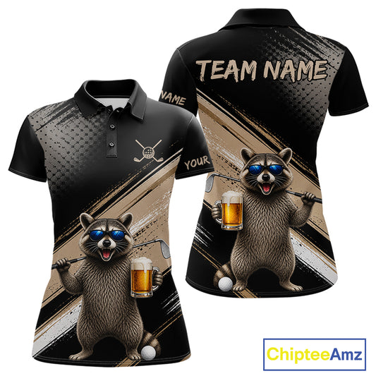 Funny Raccoon Golf Polo Shirt Custom Name Golf Beer Polo Gift For Women Black Beige Golf Jersey NHT891