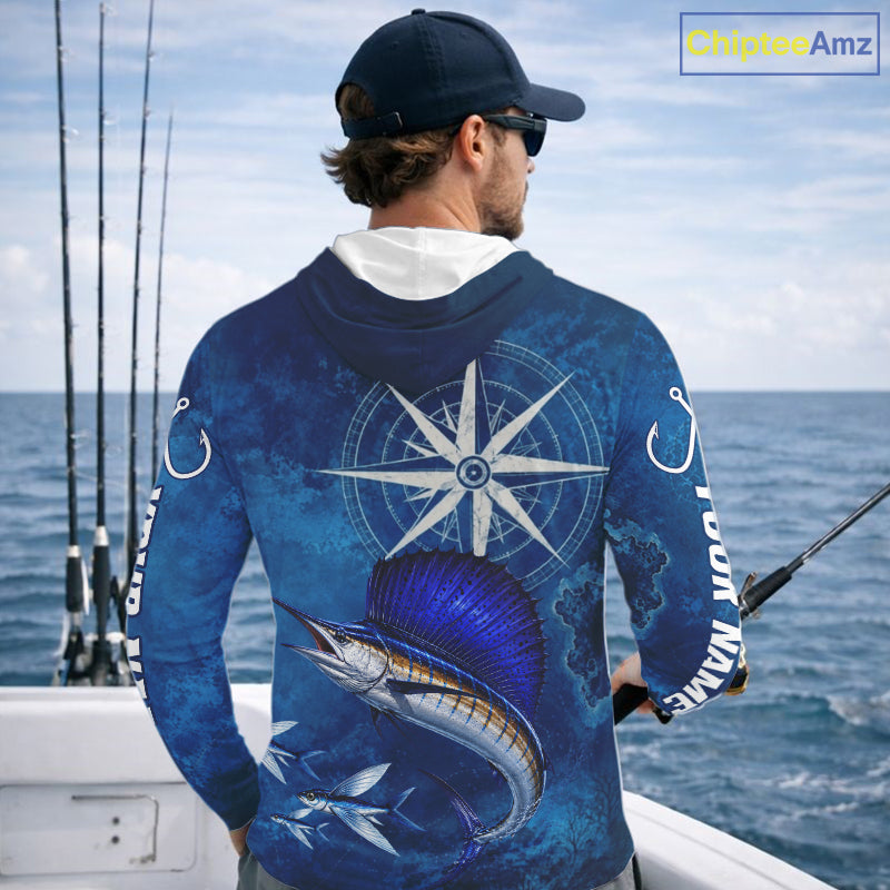 Sailfish Fishing Shirt Long Sleeve Hooded Gift For Men – Deep Sea Angler Ocean Compass Design
